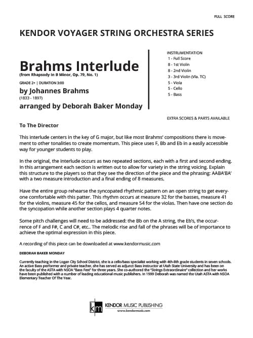 Brahms Interlude (from Rhapsody In B Minor, Op. 79, No. 1) (Score)
